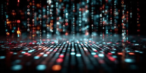 Digital stream of glowing binary code descends onto a luminous grid.