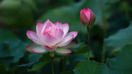 Blooming pink lotus flower and bud with lush green foliage.