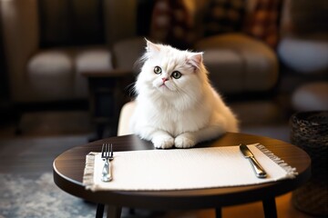 Fluffy white cat sitting at table with fork and knife waiting for dinner served.