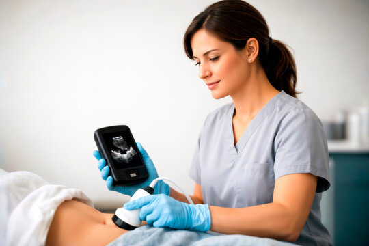 Female doctor scanning patient abdomen with portable handheld ultrasound device.