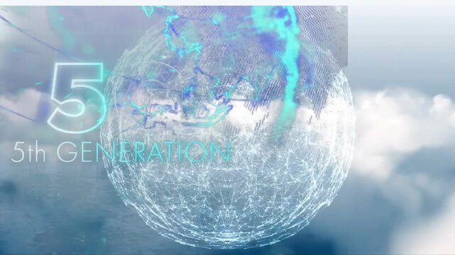 Animation of globe and 5g text over network of connections