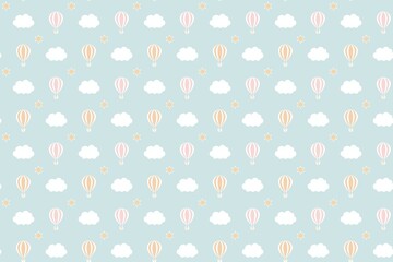 Whimsical hot air balloons and clouds on soft blue background