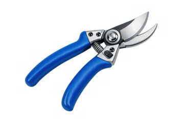 Pruning shears with blue handles, sharp metal blades, and spring, using for gardening, horticulture, and plant maintenance on transparent background