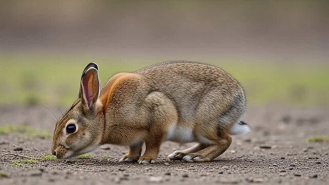 A close-up photo of a wild rabbit sniffing the ground in a natural outdoor setting