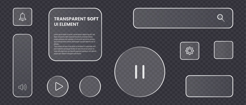 Transparent soft Liquid glass ui element set, frosted glass effect with glow  elements including buttons, search bar volume slider, and media controls for modern design projects, clean and minimalisti