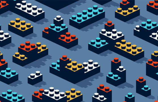 Toy constructor seamless pattern, isometric vector toy bricks tiling wallpaper, children game construction retro colored blocks endless pattern.
