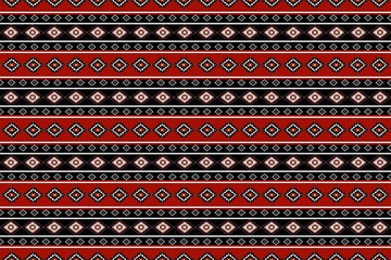 Vibrant red and black geometric pattern with white accents