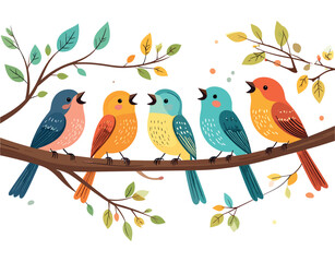 Colorful Singing Birds Perched on Tree Branch Surrounded by Leaves in a Decorative Nature Illustration