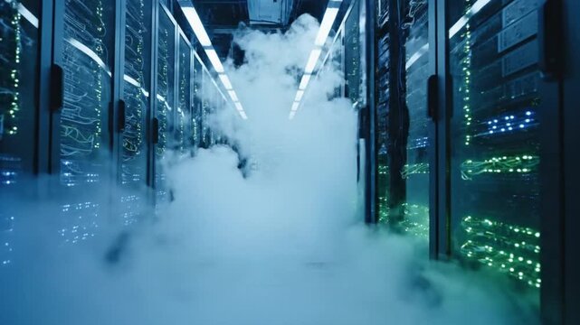 Futuristic Server Room with Fog, Data Center, Cloud Computing, Technology