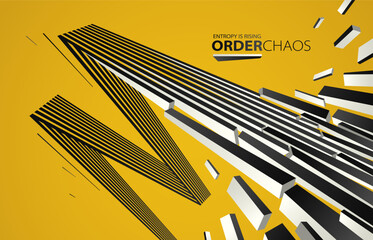 Debris particles exploding in chaos vector abstract background, entropy is rising to decay and disorder, elements flying in motion, 3D wallpaper.