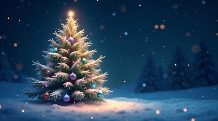 Enchanted glowing tree in a snowy night landscape, sparkling fairy lights and warm golden bokeh, cozy Christmas illustration