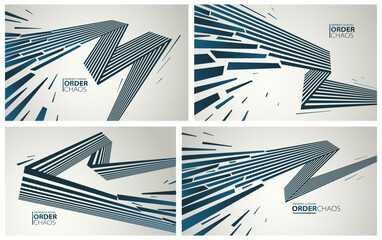 Chaos and order vector concept abstract background with lines explosion to debris in decay set, 3D wallpaper with perspective lines going to chaos of destruction.