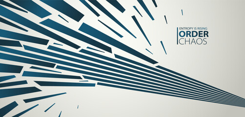 Debris particles exploding in chaos vector abstract background, entropy is rising to decay and disorder, elements flying in motion, 3D wallpaper.