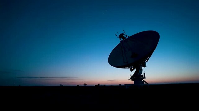 Large radio telescope dish silhouetted against deep blue twilight sky at sunset with horizon glow and distant horizon line