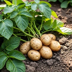 Freshly Harvested Potatoes in Rich Soil, Earthy Texture, Vibrant Green Leaves, Organic Farming