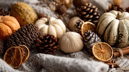 Autumn harvest: pumpkins, pine cones, and knitted textures for cozy seasonal decor.