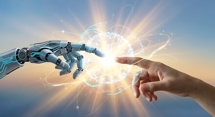 Human and robotic hand connect in futuristic technology exchange
