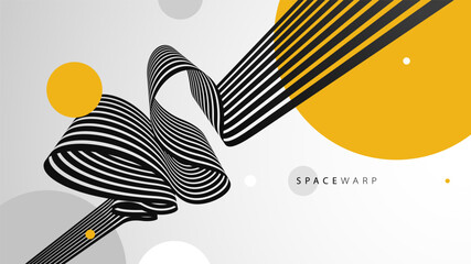 Vector abstract background with curve lines in 3D perspective and bright yellow circles, road look like tape with stripes, dynamic speed and motion.