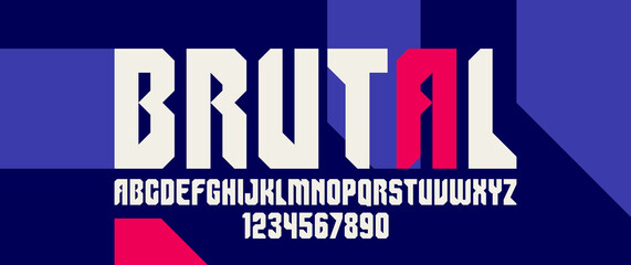 Urban massive geometric font for logos and emblems, minimal strong vector typeface, typography with no round elements, only corners and straight lines geometry.