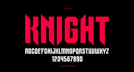 Sharp and bold vector display font for logo, gothic or heavy metal style modern typeface, edgy hard rock letters and numbers alphabet for titles or slogans, heavy typography.