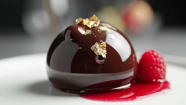 Elegant chocolate dessert with raspberry sauce on white plate
