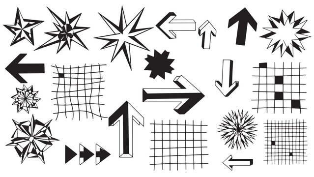Creative hand-drawn arrow and abstract geometric element collection with starbursts and grid textures for modern business presentation graphics and digital marketing branding assets. - Powered by Adobe