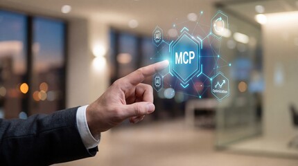 Mans hand touching MCP digital interface with AI and optimization icons in modern office Concept of technology, data, and business
