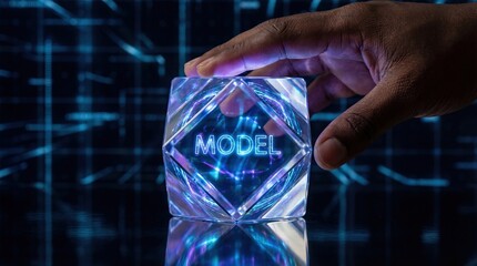 Mans hand touching glowing cube with MODEL text, futuristic digital background Concept of innovation, technology, and data