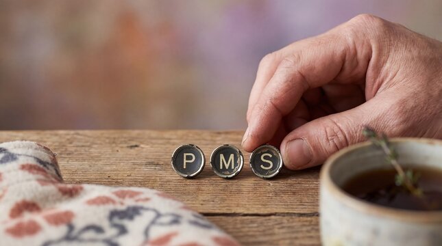 Mans hand arranging PMS typewriter keys with hot water bottle and tea Concept of premenstrual syndrome, relief, and selfcare