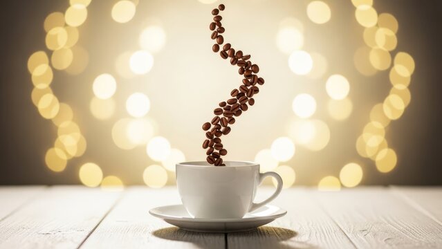 Many dark roasted coffee beans are gracefully falling in a wavy stream into a white ceramic cup on a light wooden table, against a soft, blurred golden bokeh light background. - Powered by Adobe