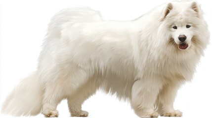 Fluffy white samoyed dog standing against white background.