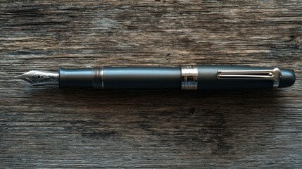 Elegant fountain pen with silver nib on rustic wooden surface.