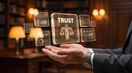 Man holding transparent screen with TRUST and scales of justice, data charts, concept of legal, financial, and business integrity