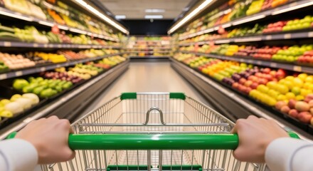 Shopping cart rolling down bright grocery store aisle