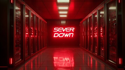A dark server room with red lights and a sign that reads server down.