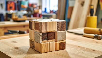 Wooden puzzle cube made of varied wood blocks—3x3x3 configuration on workbench with tools in active workshop.