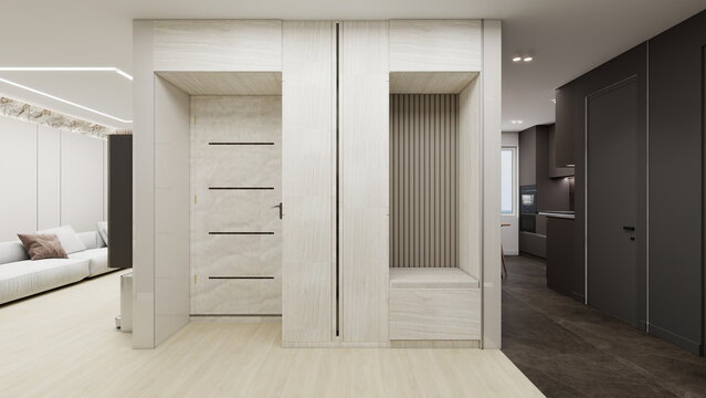 Bright modern hallway with light wood built-in wardrobes, integrated seating, clean lines and soft lighting, seamlessly connecting living and kitchen areas in a stylish home