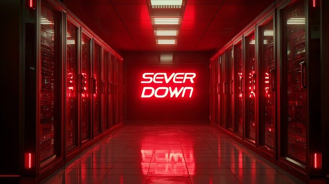 A dark server room with red lights and a sign that reads server down. - Powered by Adobe