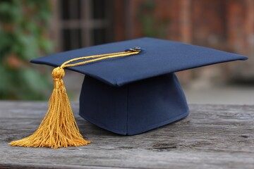 Navy blue graduation cap with gold tassel resting on a wooden surface, symbolizing academic achievement and celebration