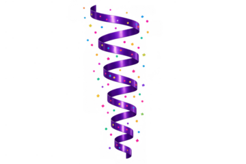 Purple party streamer spiraling with colorful confetti, celebrating event, carnival, birthday, festive decoration