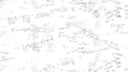 Animation of mathematical equations, diagrams and formulas floating against white background - Powered by Adobe