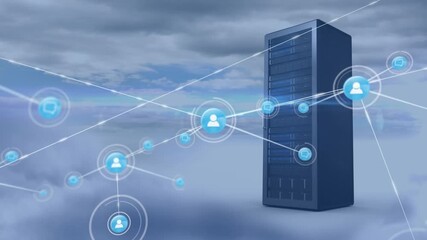 Animation of network of digital icons against computer server and clouds in the sky - Powered by Adobe