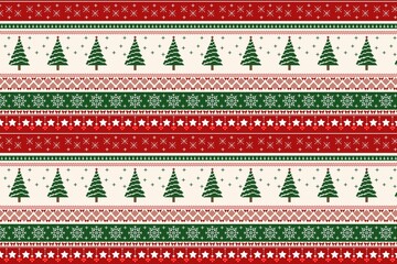 Vibrant Christmas pattern with pine trees and snowflakes on red and green
