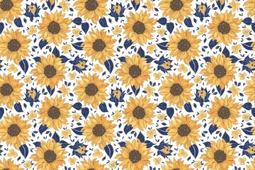 Vibrant sunflower pattern with yellow flowers and blue leaves on white background
