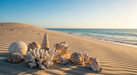 Seashells and coral on sandy beach at sunset