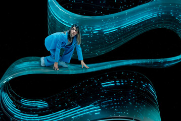 3D digital wave under businesswoman futuristic concept