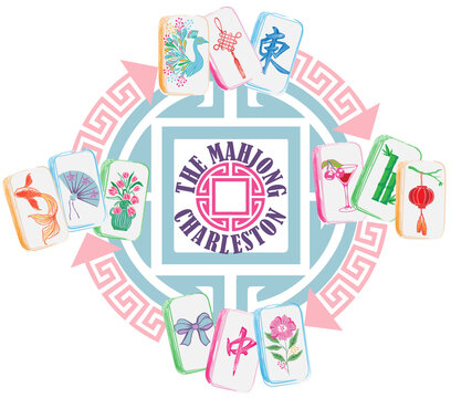 The Mahjong Charleston design with rotating arrows and tiles, circular game strategy illustration for players.