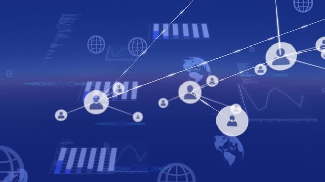 Animation of network of profile icons and statistical data processing on blue gradient background