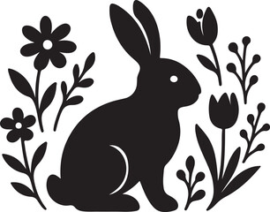 Rabbit or Easter Bunny Icon surrounded by Spring Flowers and Plants Silhouette Vector. Simple nature, animal, and springtime minimalist design illustration