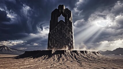 A slow cinematic reveal of a massive, ancient, abstract geometric monolith standing alone on a desolate desert ridge under intense dramatic cloud cover discovery, time, symbolic